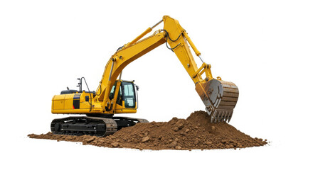 Powerful yellow excavator with raised bucket digging into earth at a construction site