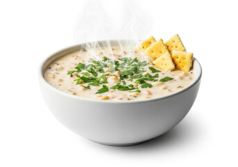 Steaming bowl of creamy New England clam chowder garnished with fresh parsley and oyster crackers