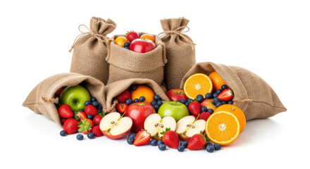 Multiple rustic burlap sacks overflowing with fresh whole and sliced mixed fruits