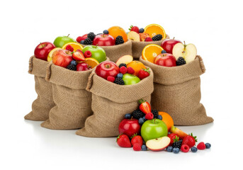 Multiple rustic burlap sacks overflowing with fresh whole and sliced mixed fruits