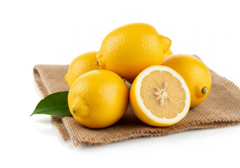 Several bright yellow lemons whole and halved arranged on textured burlap fabric with natural shadows
