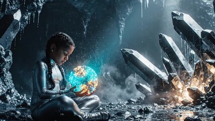 Young girl holding glowing globe in crystal cave environment - Powered by Adobe