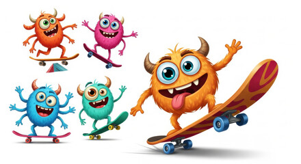 Four playful cartoon monsters riding skateboards in dynamic poses with big eyes and cheerful expressions