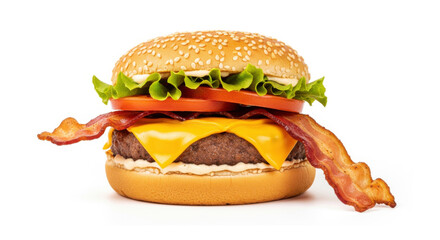 Juicy bacon cheeseburger with melted cheddar crispy bacon fresh lettuce and tomato on a sesame bun