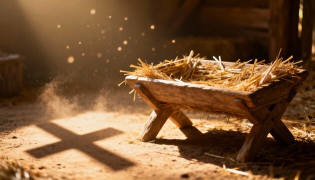 Fototapeta Wooden manger with straw in a rustic stable illuminated by a divine beam of light. Shadow on the ground forms a Christian cross. Nativity and Christmas concept