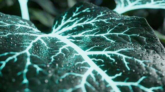 Closeup of green leaf with water droplets and illuminated veins  