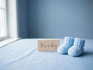 Wooden sign with the text It’s a boy and knitted blue baby booties on a soft blue blanket near a bright window in a cozy minimalist nursery