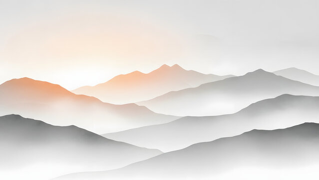 Serene grayscale panorama of foggy mountain ranges at sunrise evoking tranquil stillness and natural grandeur in
