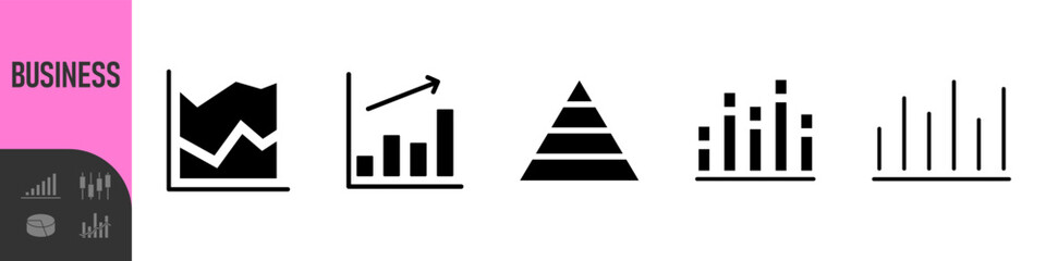 Business data charts. Diagrams and graphs. Business data market elements, statistic and data, infographics business, money, down or up, analytic report. Set of financial marketing black diagrams