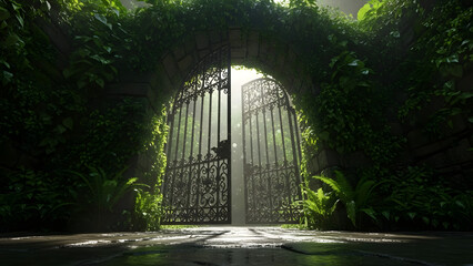 Mystical gateway adorned with verdant foliage and bathed in ethereal light beckoning towards new beginnings