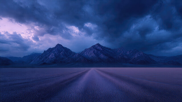 Moody twilight over a vast, cracked dry lakebed with faint tracks, leading to majestic purple mountains beneath dramatic, stormy clouds.