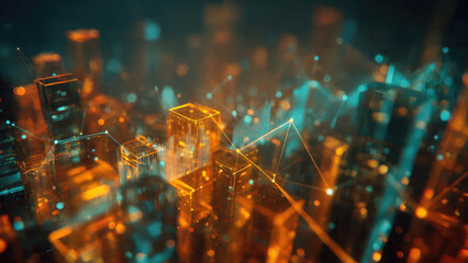 A vibrant, abstract digital cityscape symbolizing global connectivity, big data, and futuristic technology with glowing networks and interconnected structures.