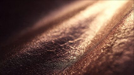 A shimmering, textured surface bathed in warm, golden light, creating a dynamic interplay of bright highlights and deep shadows with a metallic or glittery appearance.