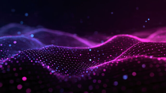 A dark, abstract digital landscape featuring glowing, interconnected pink and blue particles forming undulating waves, symbolizing data, networks, and technology.