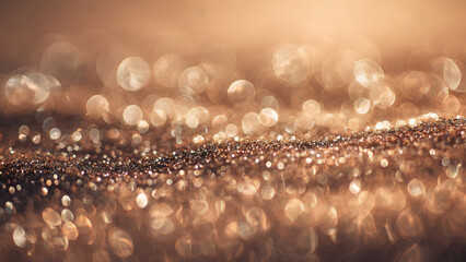 A mesmerizing abstract image featuring a shimmering band of bronze and gold glitter, surrounded by numerous soft, warm bokeh light circles.
