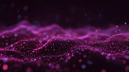 Abstract digital landscape featuring glowing pink and blue particles forming an undulating network wave against a dark background, representing data or technology.