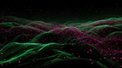 Abstract digital landscape featuring glowing green undulating lines and vibrant pink particles, evoking data flow, neural networks, or technological connectivity.