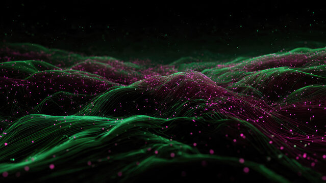 Abstract digital landscape featuring glowing green undulating lines and vibrant pink particles, evoking data flow, neural networks, or technological connectivity.