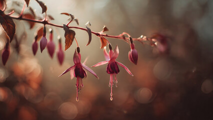 Two elegant fuchsia flowers with delicate petals and stamens hang gracefully from a branch, bathed in soft golden light against a warm, bokeh background.