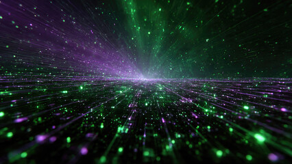 A futuristic digital landscape with glowing green and purple data streams and particles moving across a network grid towards a bright horizon.
