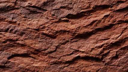 Fototapeta premium Reddish-brown rock texture close-up, showing rugged natural patterns, deep grooves, and earthy tones; perfect rustic background.