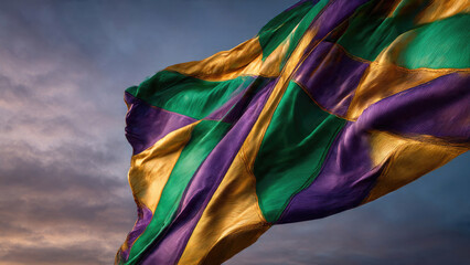 A vibrant flag in green, purple, and gold, reminiscent of Mardi Gras, waves with rich texture against a dramatic cloudy sky.