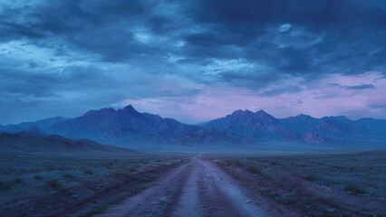 Dramatic twilight sky over a remote dirt road leading to majestic mountains, painted in deep blues, purples, and ethereal light.