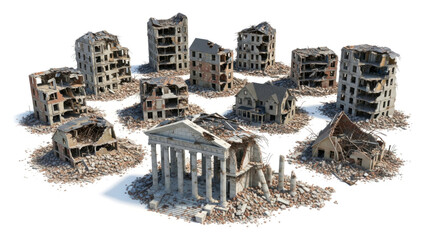 Demolished urban structures including crumpled buildings shattered residential houses and ruined architectural landmarks with debris