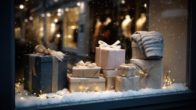 Cozy holiday shop window with wrapped gifts, warm string lights and falling snow - Powered by Adobe