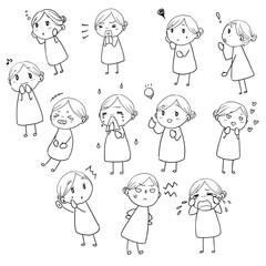 ゆるくて可愛い女性のミニキャライラスト。表情色々セット。白黒モノクロ。