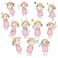 ゆるくて可愛い女性のミニキャライラスト。表情色々セット。カラー