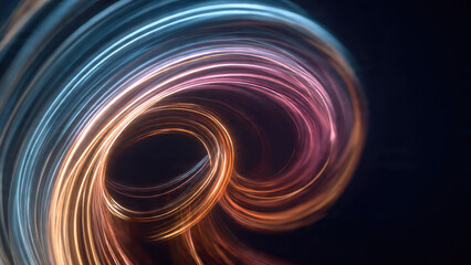 Mesmerizing abstract light trails in blue, orange, and pink swirl energetically against a dark background, creating a vibrant, futuristic, and dynamic visual.