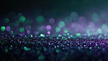 Enchanting abstract background with shimmering purple and green glitter texture and glowing, out-of-focus bokeh lights, evoking a magical ambiance.