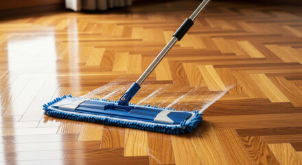 Modern microfiber mop with extendable handle swiping across a clean wooden parquet floor showcasing spotless results