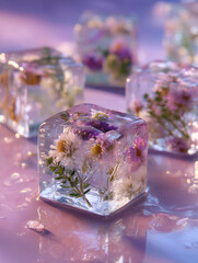 Transparent Ice Cubes with Frozen Flowers and Herbs on Glossy Surface, Soft Pastel Background, Elegant Advertising Composition
