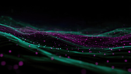 Vibrant abstract digital waves of teal and magenta lines with sparkling particles, depicting data streams, network connections, or technological concepts.