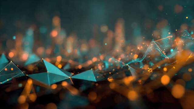 Abstract digital landscape showing glowing teal geometric structures and vibrant orange bokeh, representing data connectivity, technology, and futuristic innovation.