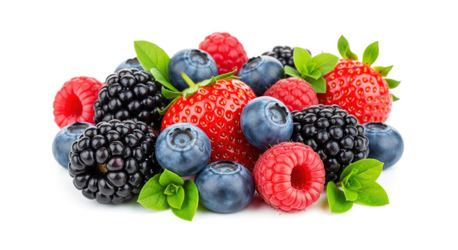 Close-up view of mixed assorted berries including blackberries strawberries blueberries and raspberries with green leaves