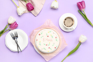 Sweet bento cake with cup of coffee and beautiful tulips on lilac background. International Women's Day