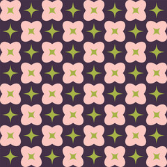 Seamless geometric pattern with flowers and stars. Soft pastel flowers motif on a deep purple background. Modern style vector illustration.