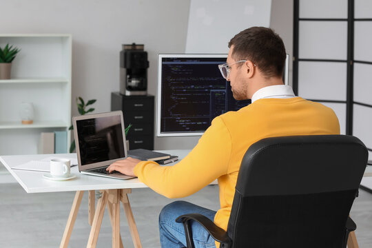 Male programmer working with computer and laptop in office, back view