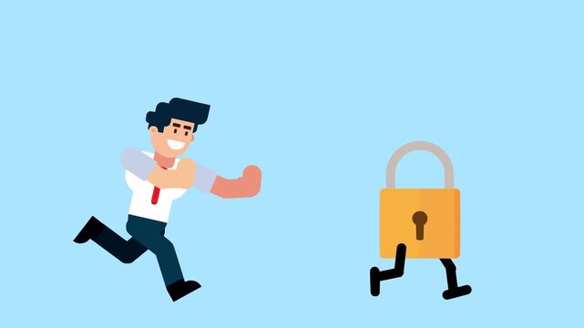 A businessman runs after a walking padlock, symbolizing the pursuit of security, protection, or privacy, on a blue background.


