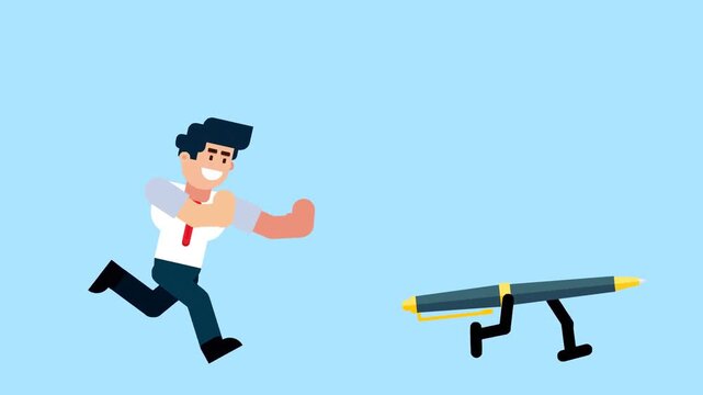 A businessman runs after a walking pen, symbolizing the pursuit of ideas, creativity, writing, or business agreements, on a blue background.

