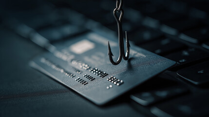 A close-up image of a credit card with a fishing hook above it, symbolizing the dangers of online phishing and identity theft.