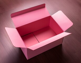 a pink box with open flaps sits on the floor