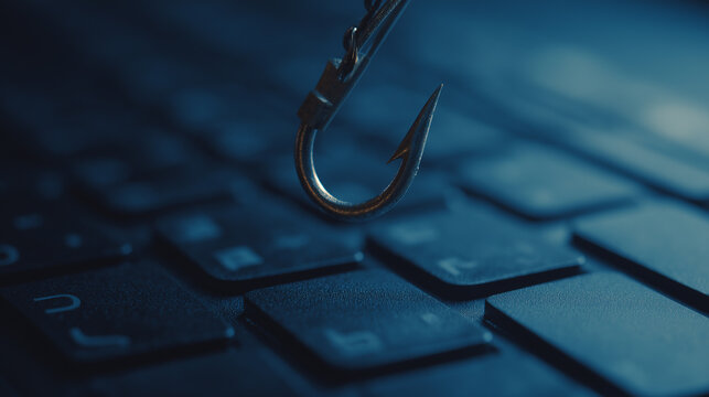 A close-up shot of a fishing hook poised above a computer keyboard, symbolizing the concept of phishing in the digital age.