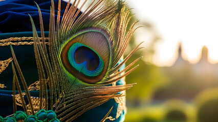 Obraz premium Exotic plume displaying an eye-catching pattern against a blurred architectural backdrop, creating a sense of vibrant