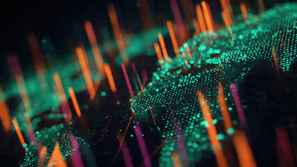 A vibrant digital globe of interconnected green dots, illuminated by glowing orange and magenta light streaks, visualizing global data networks and technological flow.