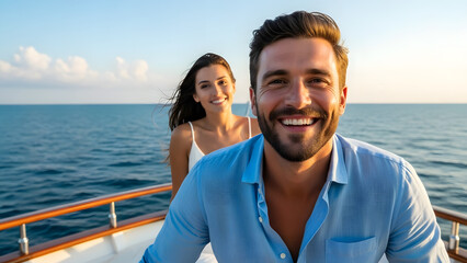 Joyful couple experiencing a luxury vacation on a private yacht at sunset near horizon, surrounded by calm ocean waves
