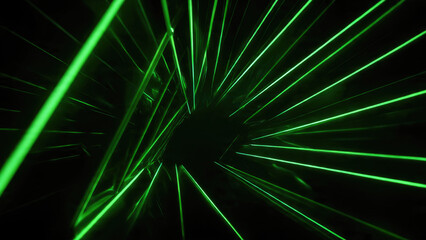 Abstract green laser lines create a hypnotic, luminous tunnel effect into a dark void, evoking a digital, futuristic aesthetic.